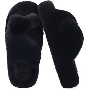 Women's Black Open Toe Slide Faux Fur Fuzzy Fluff Brown Slippers Shoes